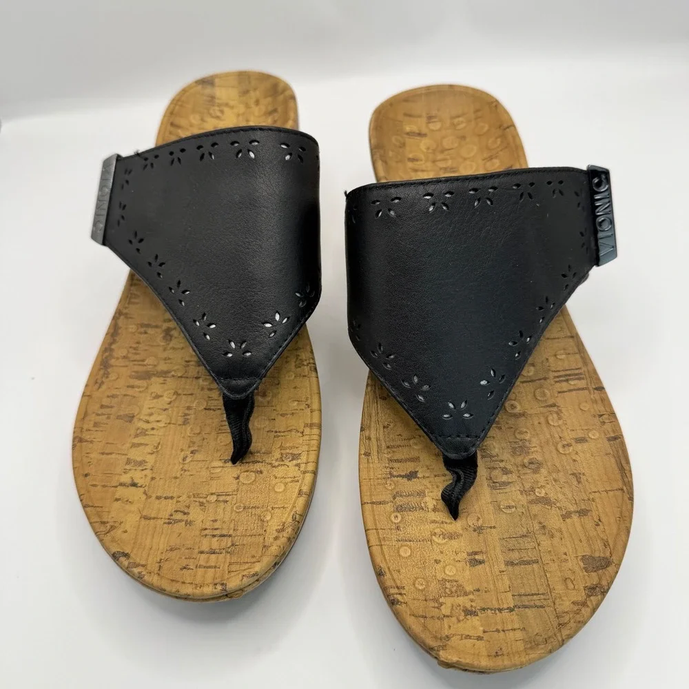 Vionic Anitra Wedge Sandals Womens 9 Black Leather Cork Thong Slides Good VW5502